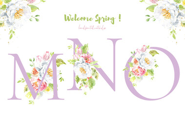 Watercolor lilac purple floral alphabet. Spring flowers letter G monogram initials illustration. Botanical, rose peony bouquet, green, garden decor. Spring wedding stationery greeting card, rsvp	
