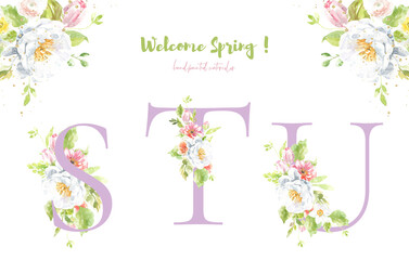 Watercolor lilac purple floral alphabet. Spring flowers letter G monogram initials illustration. Botanical, rose peony bouquet, green, garden decor. Spring wedding stationery greeting card, rsvp	
