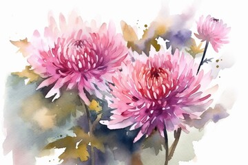 Illustration of watercolor chrysanthemum flowers. Generative AI - obrazy, fototapety, plakaty