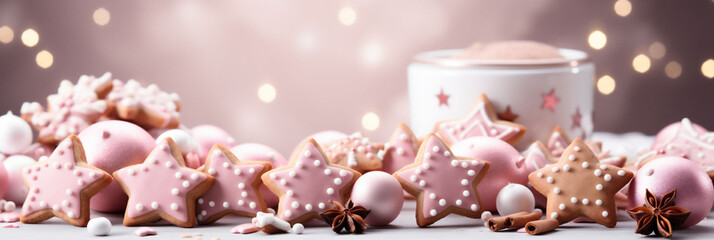 Pink Christmas banner full of pink star shaped gingerbreads. Bokeh lights in background. Copy space