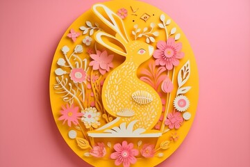 Yellow bunny in pink egg with flowers on gold background in paper cut art postcard. Generative AI