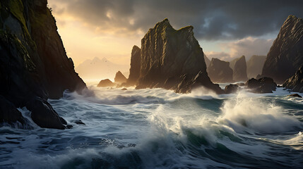 coastal cliffs along a rugged shoreline, with dramatic sea stacks and crashing waves, showcasing...