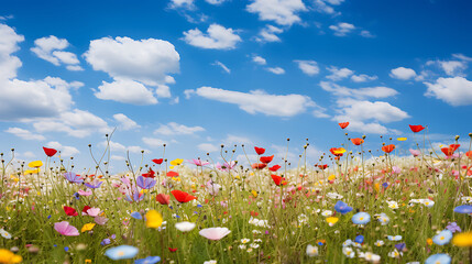 vast fields filled with colorful wildflowers in full bloom, with a clear blue sky overhead, celebrating the beauty of wildflower meadows