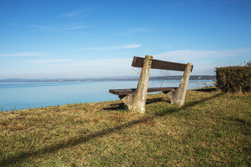 Bench on the hill,View of the Balaton lake from Balatonvilagos.Autumn season.