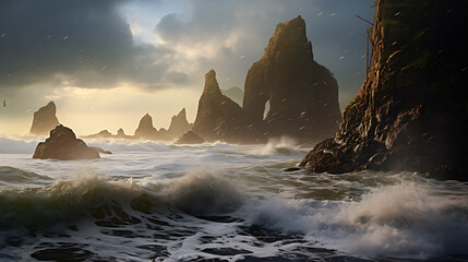 coastal cliffs along a rugged shoreline, with dramatic sea stacks and crashing waves, showcasing the raw power and majesty of coastal landscapes