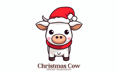 Fototapeta na wymiar Happy winter holiday with Vector cute cow in Santa hat, Animal Christmas cartoon character