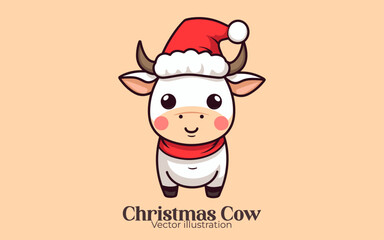 Animal Christmas cartoon character: Vector cute cow with Santa hat, Happy winter holiday