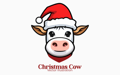 Happy winter holiday featuring Vector cute cow with Santa hat, Animal Christmas cartoon character