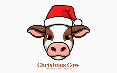 Vector cute cow with Santa hat for Happy winter holiday, Animal Christmas cartoon character
