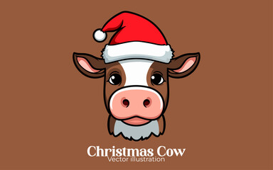 Fototapeta na wymiar Vector cute cow with Santa hat, the Animal Christmas cartoon character of Happy winter holiday