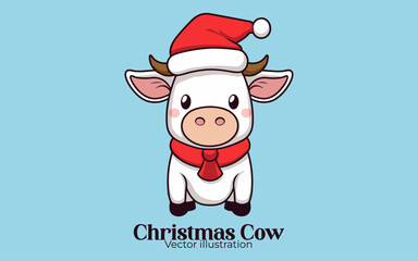 Vector cute cow with Santa hat as an Animal Christmas cartoon character for Happy winter holiday