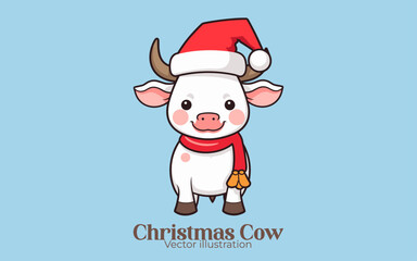 Fototapeta na wymiar Vector cute cow wearing a Santa hat: Happy winter holiday, Animal Christmas cartoon character