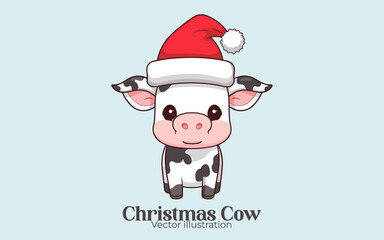 Happy winter holiday’s Animal Christmas cartoon character: Vector cute cow with Santa hat