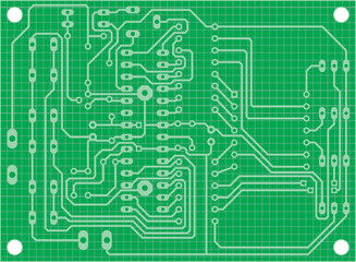 Electric background. Vector pcb pattern. 
Printed circuit board of an electronic 
device with
conductors and contact pads placed on it. 
Engineering drawing with grid.
