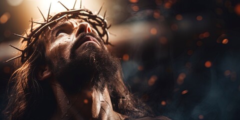 Religious scene with Jesus Christ wearing a crown of thorns looking up at heaven. - obrazy, fototapety, plakaty