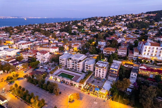 Aerial view of Buyukada (Princes Islands) in Istanbul at sunset. Istanbul, Turkey. Buyukada is the largest of the Princes Islands. Drone shot.