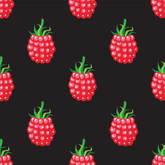 Red raspberry seamless pattern on black background. Vector illustration.