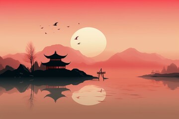 Minimalistic Oriental Landscape. Generative AI