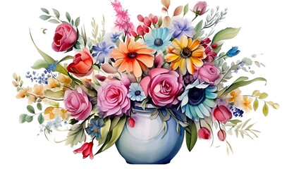 .beautiful bouquet of flowers in a vase, watercolor illustration of flowerson a white background
