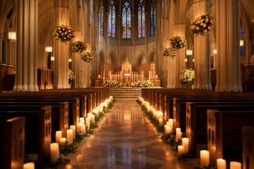 Peaceful elegance: cathedral sanctuary bathed in soft candlelight and never-ending roses. Generative AI