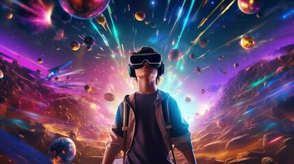 Metaverse Technology concepts. Teenager play VR virtual reality goggle and experiences of metaverse virtual. Generation AI