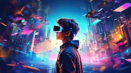 Metaverse Technology concepts. Teenager play VR virtual reality goggle and experiences of metaverse virtual. Generation AI - obrazy, fototapety, plakaty