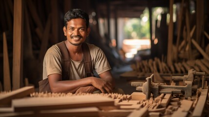 Smiling Carpenter in Workshop: Skilled Young Adult Men Working with Wood