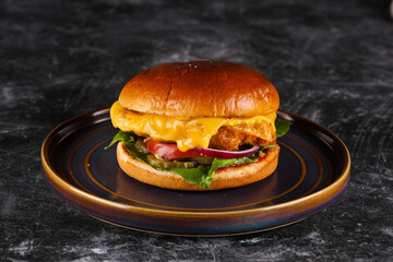 fresh delicious burger on a plate, on a dark background