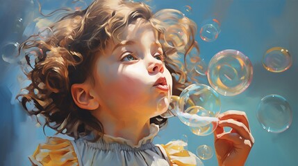 Children is playing blowing a soap bubbles at sunset view. AI generated image - obrazy, fototapety, plakaty