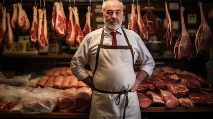 Butcher Looking at the Camera in Meat Shop