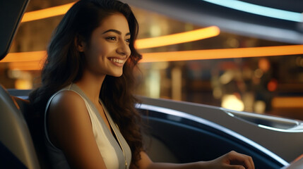 a woman sitting in the driver's seat of a car, smiling. autonomous car driving, electric car, The car is parked automatic in a parking lot.