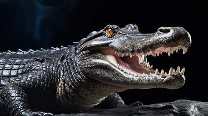 crocodile smiles and shows its teeth on a dark background close-up. Close-up of a crocodile AI. - obrazy, fototapety, plakaty