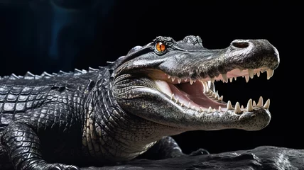 Schilderijen op glas crocodile smiles and shows its teeth on a dark background close-up. Close-up of a crocodile AI. © yana136