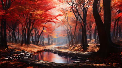 a forest during the peak of autumn, with trees ablaze in red, orange, and gold leaves, capturing the splendor and warmth of the fall season