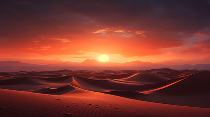Fototapeta na wymiar a desert sunset, with a vast expanse of sand dunes stretching to the horizon, and the setting sun casting a warm, golden glow over the arid landscape, evoking the tranquility of desert evenings