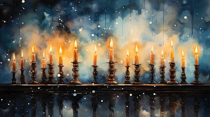 Water color , illustration of burning candles on a dark wall background