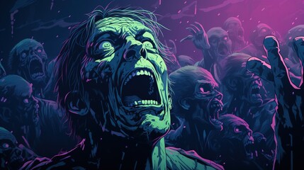 zombie man with glowing eyes in crowd of zombie. Fantasy concept , Illustration painting. - obrazy, fototapety, plakaty