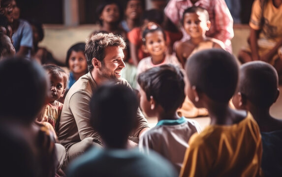 A volunteer teaching underprivileged children