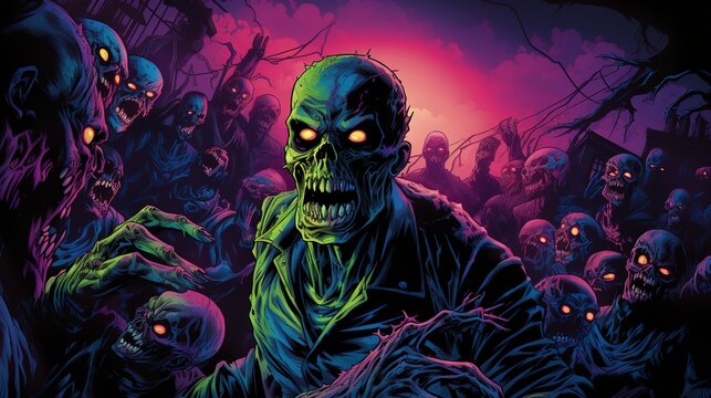 zombies and dark vision with yellow glows. Fantasy concept , Illustration painting.