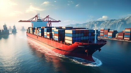 Container ship, cargo shipping business, cargo freighter Logistics import export goods of freight global. Generation AI - obrazy, fototapety, plakaty