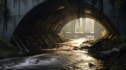 Contaminated storm water in a concrete culvert at maximum capacity. Generation AI - obrazy, fototapety, plakaty