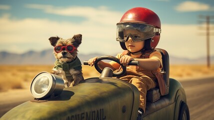 Boy using flying goggles with Dog in Toy Racing Car. AI generated image - obrazy, fototapety, plakaty