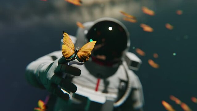 An astronaut in space and playing with butterflies in a 3D animation