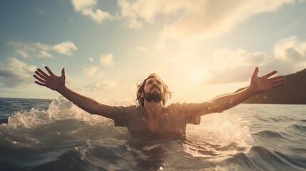 Happy young man rising hands up bathing on sea.AI generated image