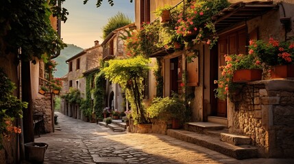 Fototapeta na wymiar European Village landscape, from the coastal charm to scenic vineyards and historic villages, culminating in a serene sunset. Celebrate the timeless essence of European countryside.