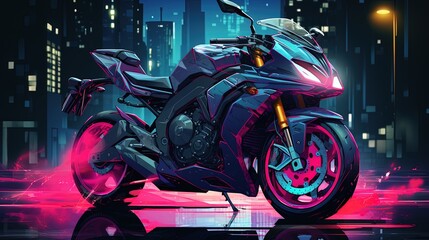 cyberpunk motorcycle in neon style with night city in background. Fantasy concept , Illustration painting.