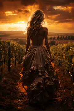 Full body view, beautiful dark blond woman, severals halo forms turning around her, magic swirls, walking in a large ally, in front of winery, beetween sunset and night. AI generative