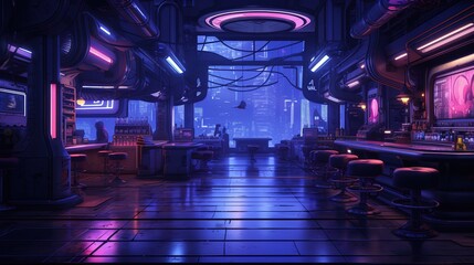cyberpunk bar in neon style. Fantasy concept , Illustration painting. - obrazy, fototapety, plakaty
