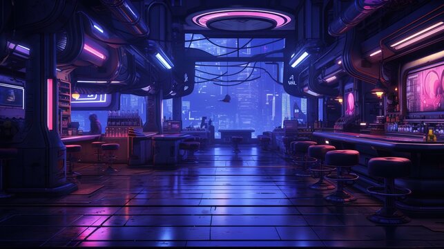 cyberpunk bar in neon style. Fantasy concept , Illustration painting.