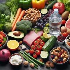  a set of products for a healthy diet, vegetables, fruits, nuts, meat, natural products for fitness, weight loss and beauty